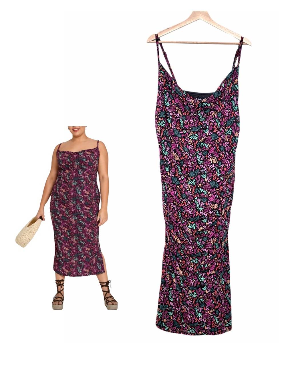 Ava & Viv Women’s Dress 1X Mesh Floral Ruched Bodycon Midi Sleeveless Multicolor